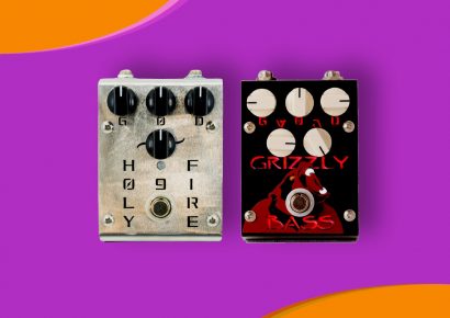 Creation Audio Labs Grizzly Bass and Holy Fire 9 effects pedals on colourful background