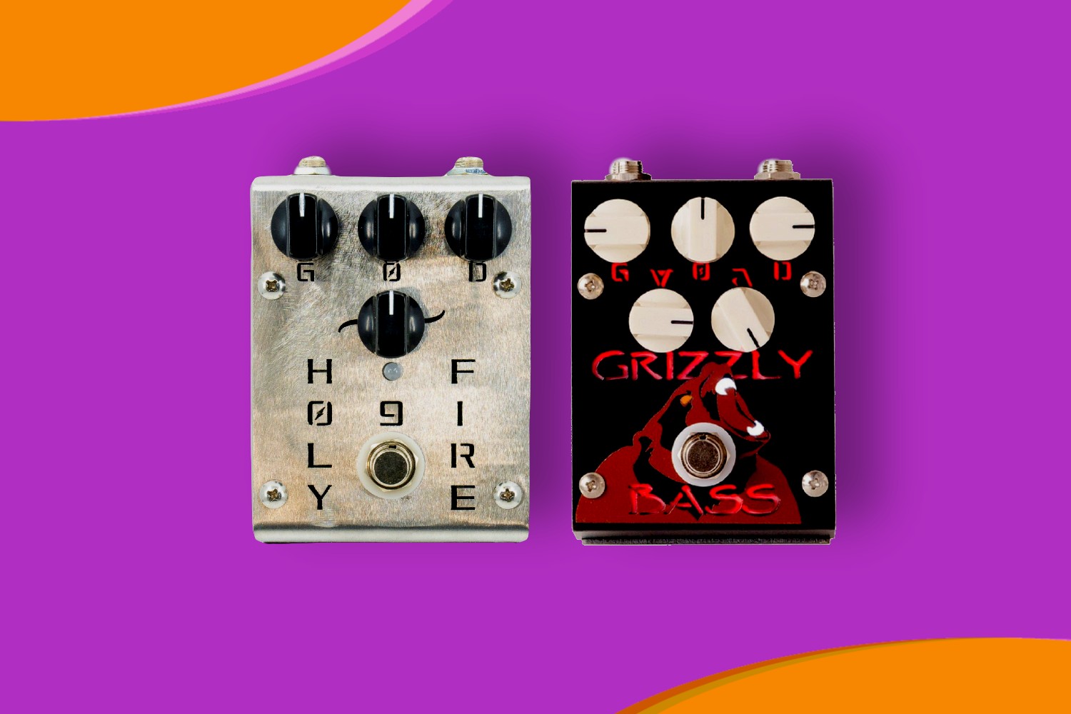 Creation Audio Labs Grizzly Bass and Holy Fire 9 effects pedals on colourful background