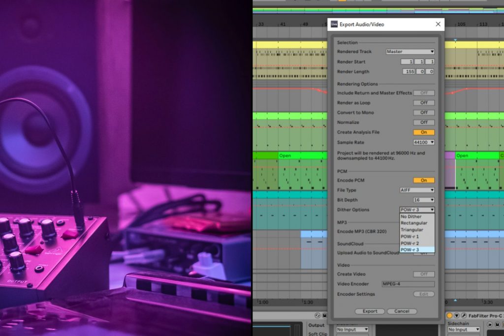 music studio next to Ableton sample rate, dither and bit depth export options