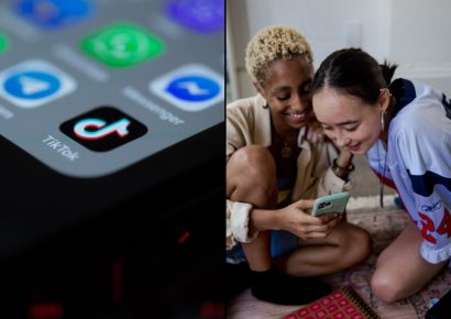 Tiktok app on phone next to two people looking at phone