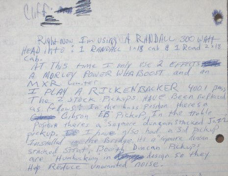 Cliff Burton handwritten note